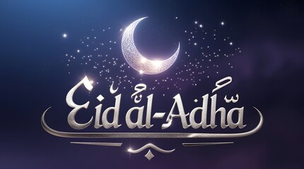 Naklejka premium Mystical Eid al Adha Night Scene with Crescent and Stars. Eid al Adha greeting with glowing crescent moon and stars on a dreamy dark background with soft light rays.