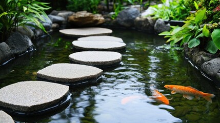 A serene view of a water garden with stepping stones