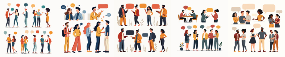 Obraz premium Vector Illustrations of People Talking and Communicating with Speech Bubbles in Modern Flat Style