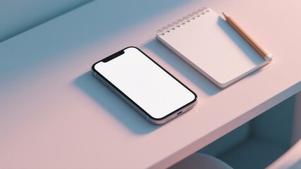 A modern phone with a blank screen and a notepad with pencil on the table. The composition is clean and minimalist