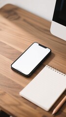 A minimalist workspace features a smartphone, notepad, and pen on a wooden desk