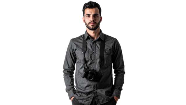 Photographer Professional with a camera and accessories isolated on white background. Suitable for marketing or business purposes. PNG file