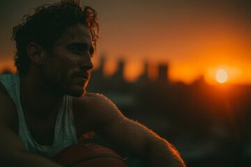 Sunset Basketball Player with Intense Focus and Sweat Drops Capturing the Spirit of Sportsmans