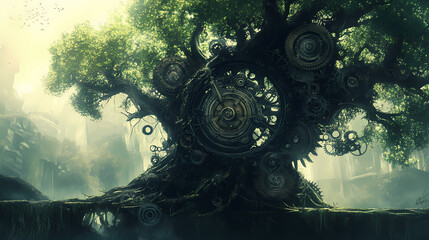 Obraz premium Whimsical clockwork tree guardian: a fusion of nature and mechanical art. [Mechanical Folklore] | Gearbound Ghost | haunted cog. Illustration