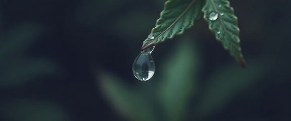 drop of water hanging from a green leaf