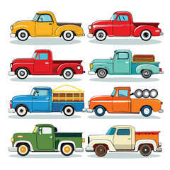 Nine classic pickup truck train  arranged on a white background.