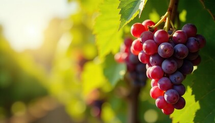 Fototapeta premium Sun-drenched bunches of ripe grapes hanging from a vine, ready for harvest , garden, grapes, row