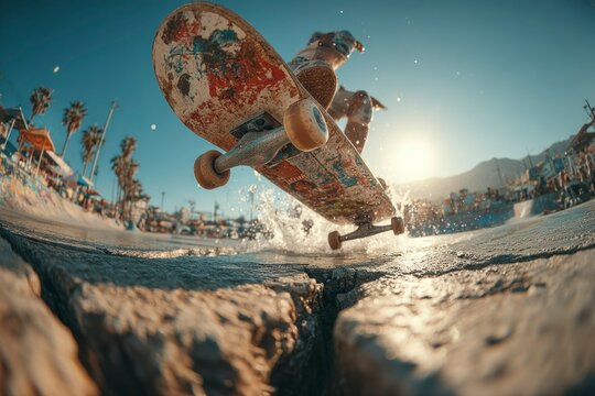Skateboarder Performing Trick at Sunset with Dynamic Splash and Vibrant Background