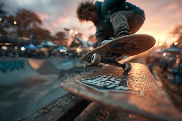 Skateboarder Performing a Trick at Sunset in an Urban Skatepark