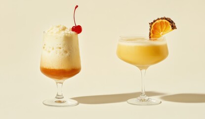 Two tropical cocktails, one frosty, one smooth