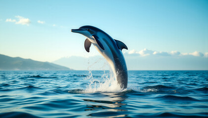 A dolphin leaps out of the water, creating a splash. The scene is serene and peaceful, with the ocean as the backdrop
