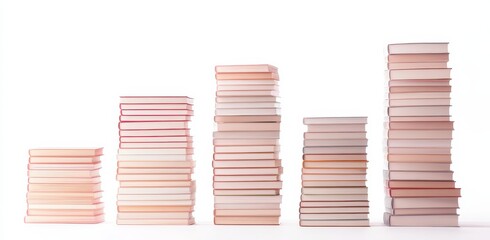Five stacks of books of varying heights, ascending in size from left to right, against a white background