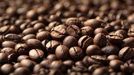"Detailed Close-Up of Roasted Coffee Beans on a Dark Background"