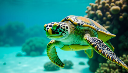 A turtle swimming in the ocean. The turtle is green and yellow. The ocean is blue. The turtle is swimming near some rocks