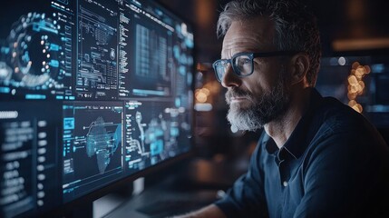 Fototapeta premium Focused Male Professional Analyzing Data on High-Tech Computer Screens