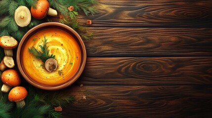 Creamy mushroom soup in a rustic bowl, surrounded by forest ingredients.