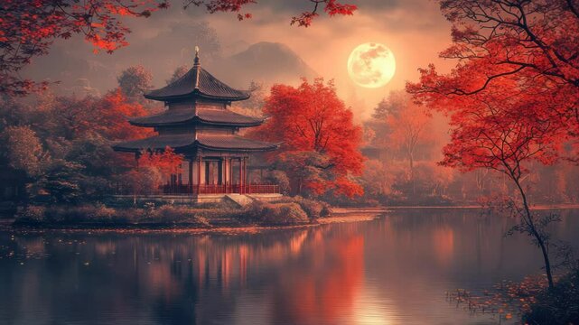 Tranquil temple landscape under a vibrant moonlit autumn scenery