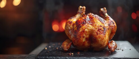 Roasted whole chicken on a dark surface.