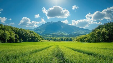 Obraz premium Picturesque Scenery with Green Fields, Majestic Mountain, and Sunny Skies