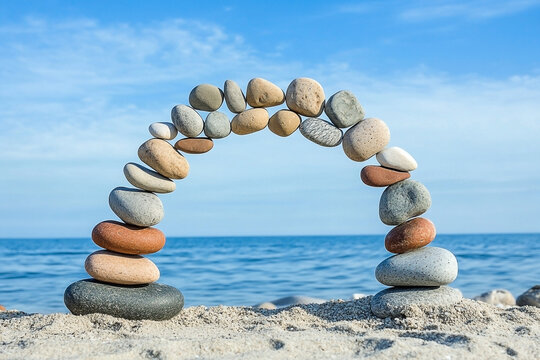 Zen harmony created with rocks balancing on sandy beach against blue waterscape