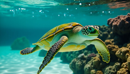 Obraz premium A turtle swimming in the ocean. The turtle is green and yellow. The ocean is blue. The turtle is swimming near some rocks