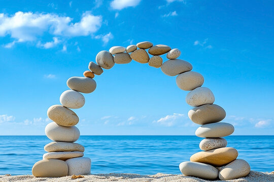 Zen stones stacked in a balanced arch formation near the ocean's edge