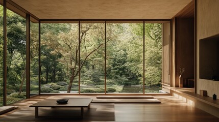 Fototapeta premium Serene modern living room with nature view through large windows