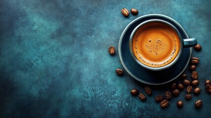 Dark espresso in a teal cup, surrounded by coffee beans.