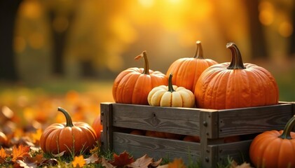 Golden hour sunlight illuminates a bountiful autumn harvest of pumpkins, gourds, and squashes A rustic wooden crate adds to the autumnal scene , farm, abundance, fresh