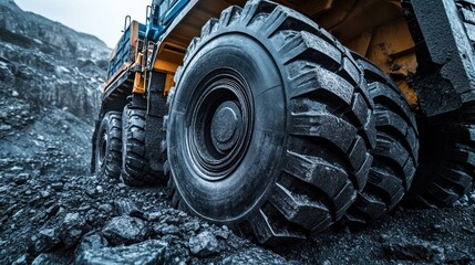 Close-up of an industrial dump truck tire in a coal mining operation
