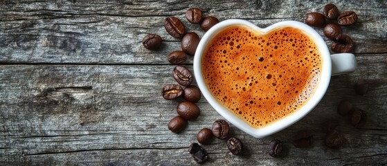 Heart-shaped coffee cup on rustic wooden surface