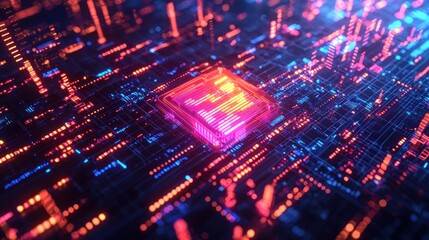 Obraz premium Futuristic Digital Circuit Board with Neon Lights and Dark Background