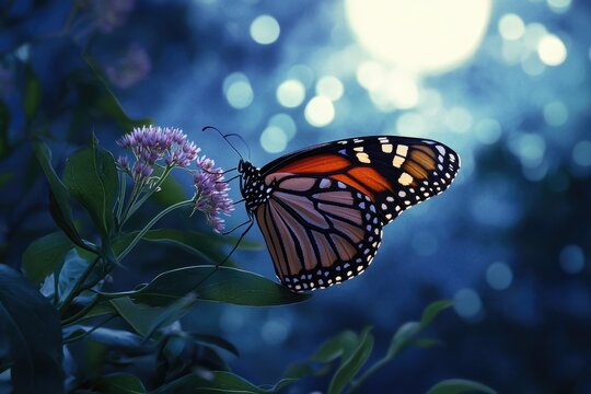 A monarch butterfly rests on a purple flower at twilight, illuminated by soft moonlight.