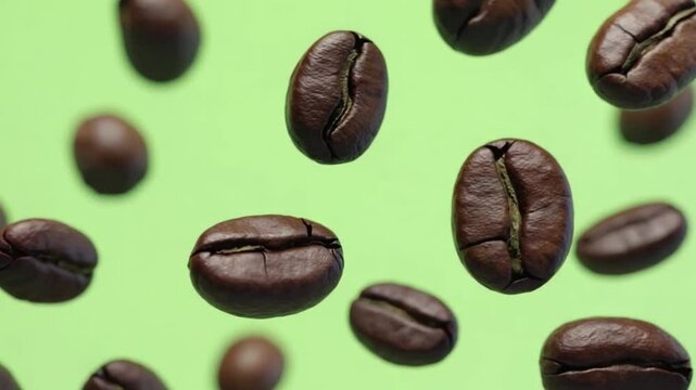 The Essence of Aroma: A collection of freshly roasted coffee beans, with rich color and texture, floating gently in an artistic arrangement. Capture the eye with a visual journey.