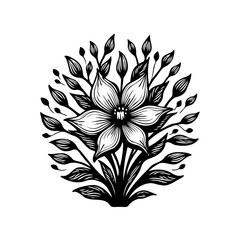 Elegant monochrome floral arrangement with petals and foliage, a captivating botanical design