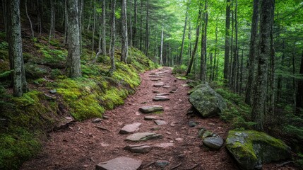 A forest pathway winding uphill through lush trees and green foliage