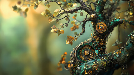 Fototapeta premium Whimsical clockwork tree guardian: a fusion of nature and mechanical art. [Mechanical Folklore] | Wire Witch | entangled hex. Illustration