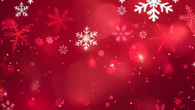 A festive and warm red background featuring a scattering of delicate white snowflakes, bokeh lights, and glittering particles. This scene evokes a sense of holiday cheer and celebration.