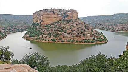 Naklejka premium Ancient village nestled on an island in a serene river bend