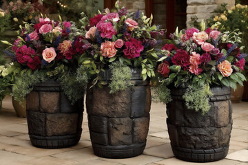 Fototapeta premium fun shaped flower pots made from cut-up old tires.