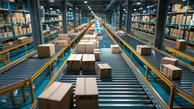 Numerous cardboard boxes are being transported on conveyor belts in a large warehouse, highlighting automated sorting, storage, and transport in an industrial facility.