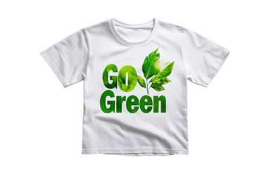 Clean white t-shirt printed with Go Green message and vibrant leaf design promoting environmental awareness and sustainability isolated on white background PNG