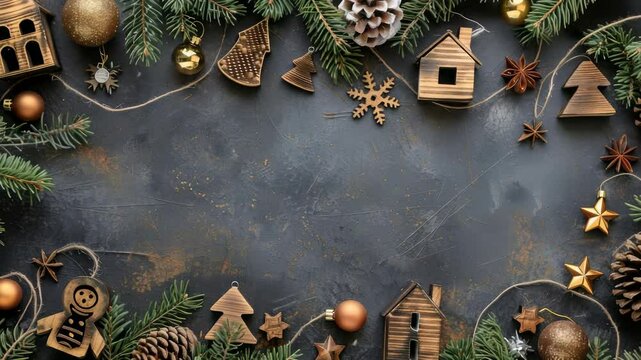 A Christmas flat lay featuring pine branches, pine cones, golden ornaments, wooden houses, gingerbread, stars, and snowflakes on a dark background. The decorations are interspersed with twine.
