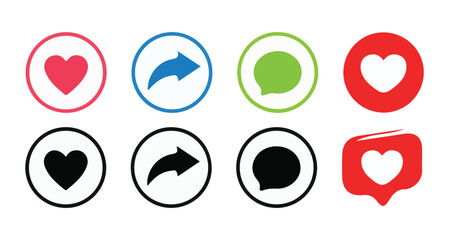 Like, Share, comment and love icon button, social media vector.love and heart icon , comment icon , repost and share icon button. vector illustration eps 10.