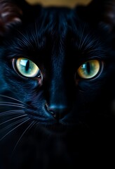 close up of a black cat with yellow eyes