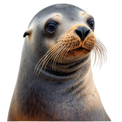 Focused sea lion portrait exhibiting detailed fur and expressive facial features on display