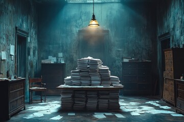 Papers stacked high under a dim lit old office