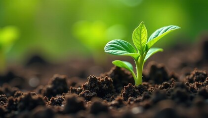 Fototapeta premium Close-up of young sprouts emerging from soil, vibrant green leaves unfurling , farming, life