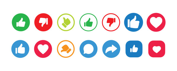 Like icon button , thumb up icon , love and heart icon , comment icon , repost and share icon button. Social media elements with different color.Social media notification icons. Vector illustration.