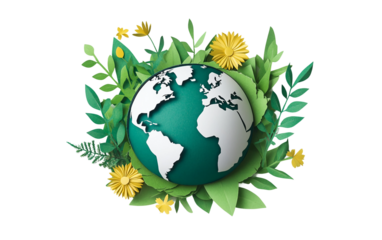 3D paper cutout of Earth design featuring layered green leaves in an eco friendly theme isolated on white background PNG